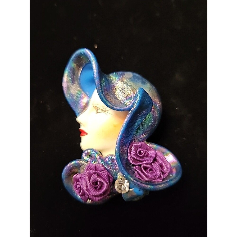 Vintage Flapper Style Art Deco Lady Profile Iridescent Painted Face Brooch Pin